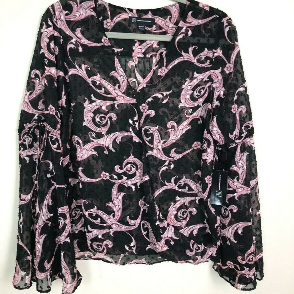 NWT INC International Concepts Medium Surplice Top Bell Sleeve Sheer Flowy